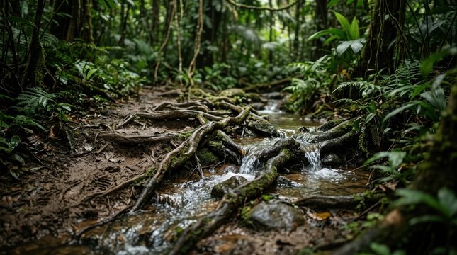 Muddy jungle trail crossed by a root-lined stream