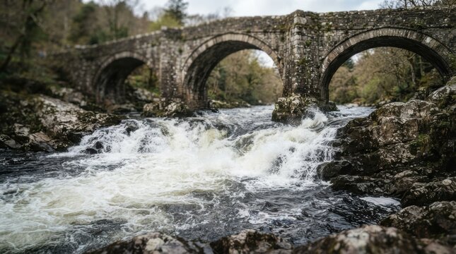 Old stone bridge over rapids churning a pool into foam, with spray climbing the buttress beneath the arches.