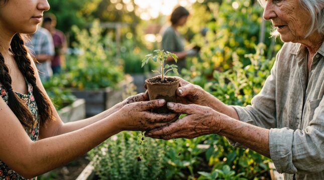 Community garden seedling handoff between generations with soil-covered hands and fresh growth