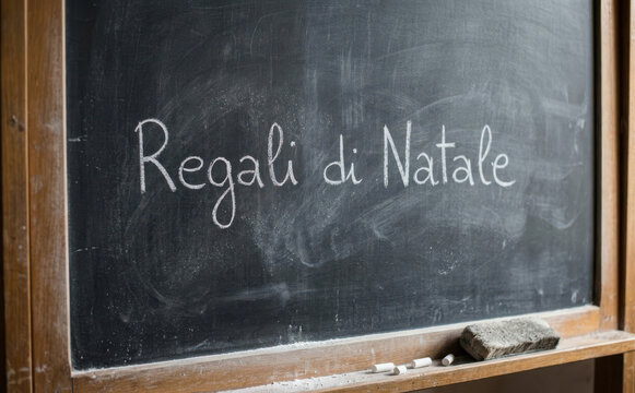 Regali di Natale scritto sulla lavagna, concetto di idee per le feste invernali e shopping natalizio