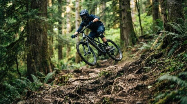 Mountain biker committing to a forest gap jump on a rooty downhill trail with landing zone ahead.