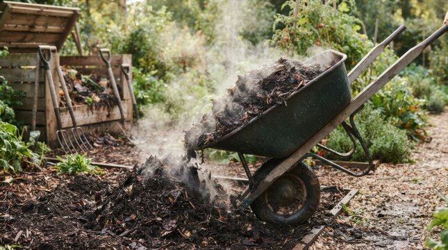 Wheelbarrow tilts a steaming compost load beside a garden compost corner