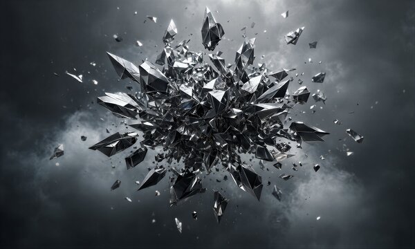 Shattered crystal fragments explode against a dark, cloudy sky.