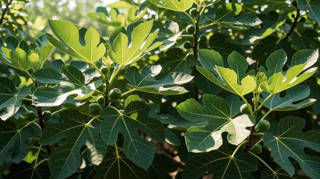 Green fig tree with large leaves, small ripening fruit. Close up of organic mediterranean garden plant in sunlight. Ficus carica branches with fresh leaves, developing figs in summer orchard. Natural