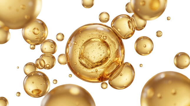 Golden serum bubbles and oil droplets floating on white background, luxury skincare 3D abstract composition