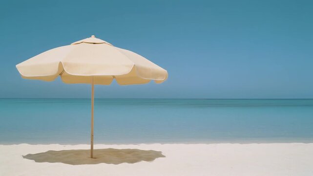 Relaxing Beach Scene with Elegant Cream Parasol on White Sand Overlooking Calm Turquoise Ocean, Serene Vacation Full HD