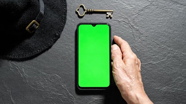 Elderly Hand Placing Green Screen Smartphone On Black Slate Stone With Witch Hat And Antique Brass Key Halloween Flat Lay
