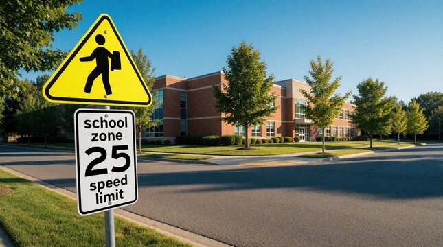 Yellow school zone sign shows twenty five speed limit on asphalt road. Warning symbol for children crossing near brick building. Sunny day in residential neighborhood with green trees, sidewalk.