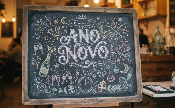 Feliz Ano Novo quadro negro com giz rotulagem comemorativa para festa de virada