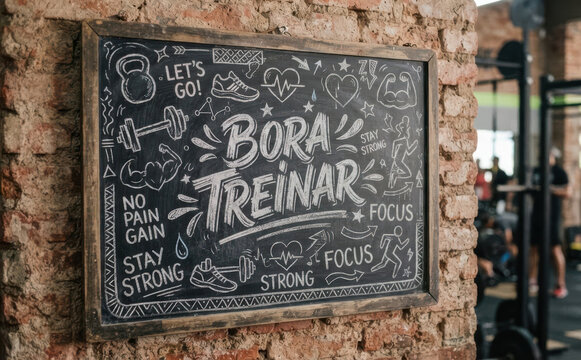 Bora Treinar, quadro negro motivacional de academia com frases de foco e exercicios fisicos para projetos de fitness e saudabilidade