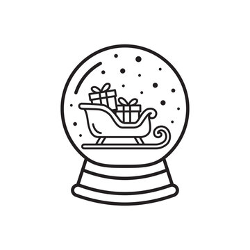 Simple black and white line icon of a magical snow globe containing a Christmas sleigh with gifts. 