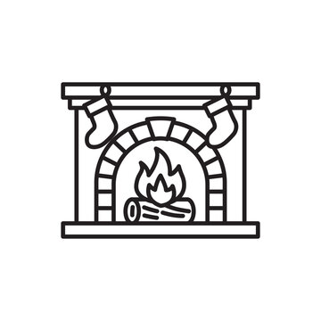 Black and white line icon of a brick fireplace with burning fire wood and hanging stockings.