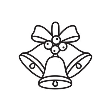 Line icon of three Christmas jingle bells decorated with holly berries and a ribbon bow. 
