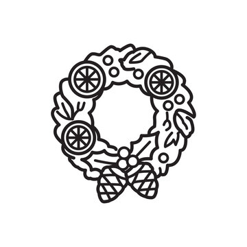 Line icon of a Christmas wreath decorated with dried orange slices, pine cones, and leaves. 
