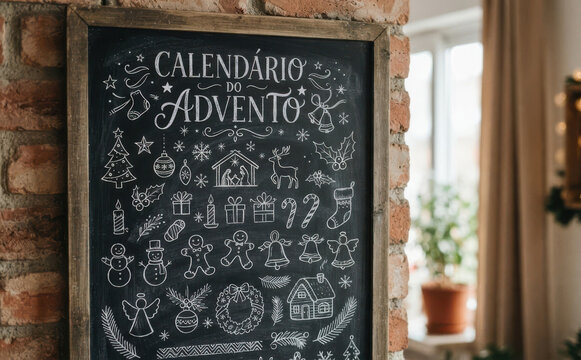 Calendario do Advento escrito em lousa com desenhos de Natal para contagem regressiva e decora&ccedil;ao festiva