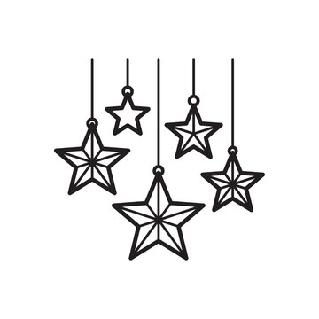 Black and white line icon of multiple decorative star ornaments hanging on strings. 