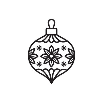 Line icon of a tear-shaped hanging Christmas ornament bauble with intricate floral and star patterns.