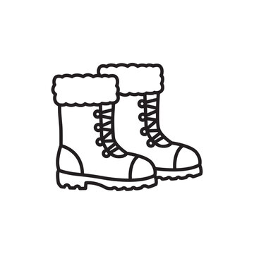 Black and white line icon of a pair of warm winter snow boots with fur trim. 
