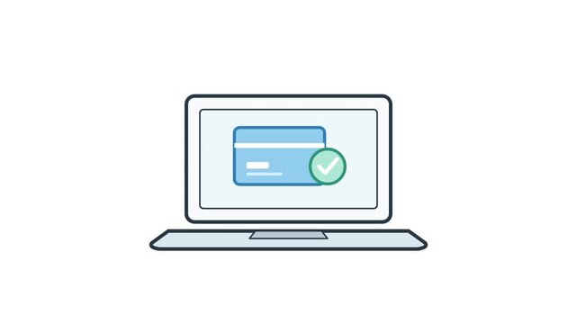 Online banking laptop screen displaying confirmed credit card transaction with green checkmark symbol for secure payment