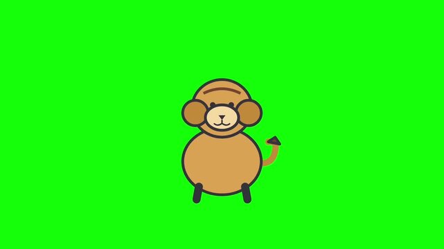 Cute cartoon monkey character dancing happily against bright green chroma key background with vibrant motion
