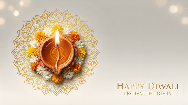 A vibrant and beautifully crafted paper graphic depicts a traditional indian rangoli design illuminated by the warm glow of a diya symbolizing the joyous festival