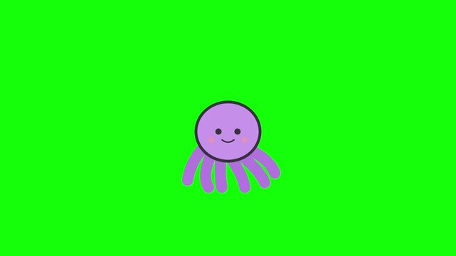Cute purple octopus character moving with cheerful smiling face against vibrant solid green screen background