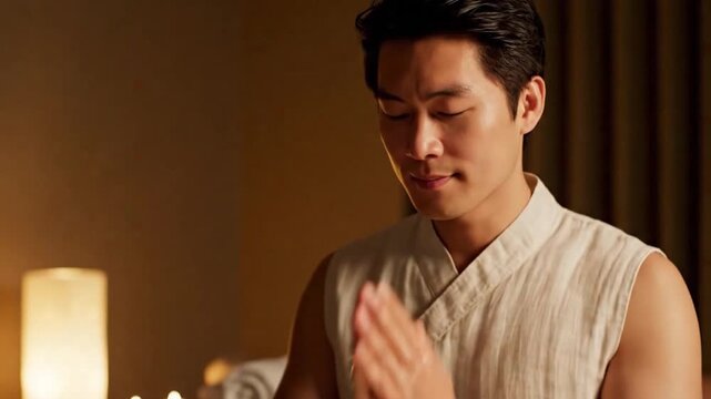 Asian man applies lotion to hands during spa routine. Gentle candlelight and folded linens create quiet wellness setting as he rubs palms together with slow, careful motion, focusing on hand care.