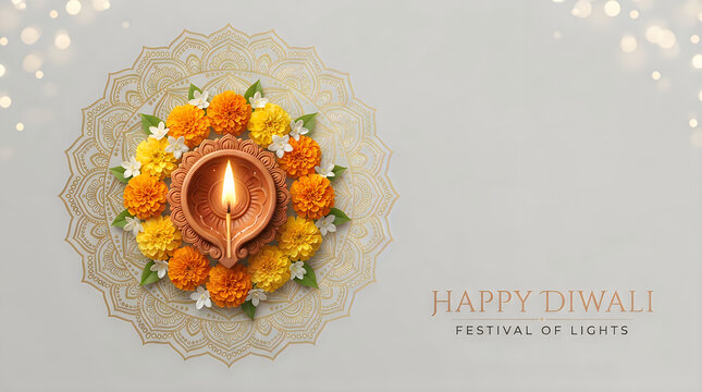 A vibrant and beautifully crafted paper graphic depicting a traditional indian rangoli design illuminated by a central diya flame symbolizing the joyous celebration of diwali