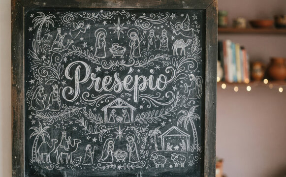 Pres&eacute;pio de natal desenhado em quadro negro para decora&ccedil;&atilde;o festiva e cart&atilde;o comemorativo