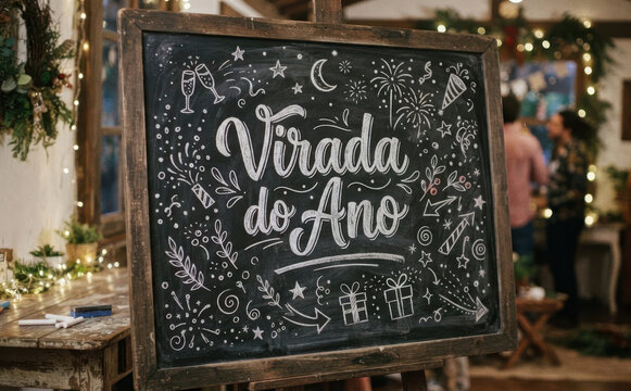 Virada do Ano escrito em quadro negro para festa de Reveillon e comemoracao de ano novo