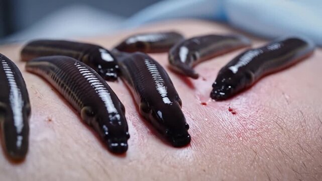 Leeches move across bare skin, clinging in cluster and gliding in slow waves. Their shiny black bodies catch light against pale flesh, with tiny red punctures suggesting active medical use or blood