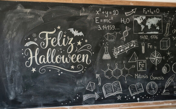 Feliz halloween escrito na lousa com desenhos cientificos de quimica e matematica para educacao