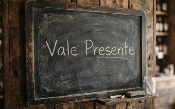 Vale Presente escrito a giz em quadro negro vintage representando comercio e compras