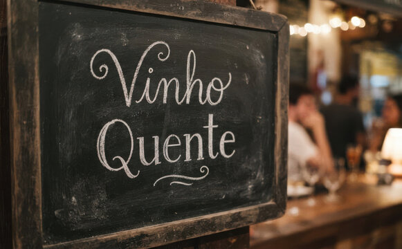 Vinho Quente no quadro negro em bar para festa junina e inverno