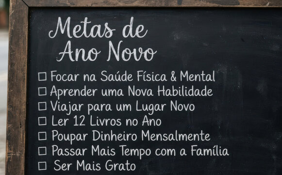 Metas de Ano Novo lousa com objetivos e resolucoes para planejamento pessoal e sucesso em portugues