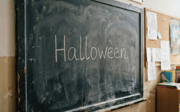 Halloween escrito com giz no quadro negro, sala de aula, educacao, escola, comemoracao
