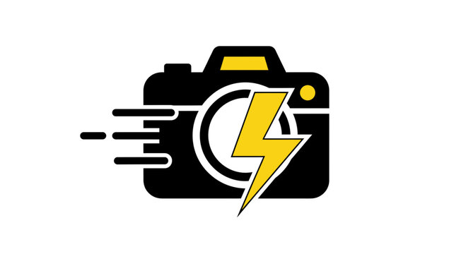 Fast Camera Logo with Lightning Bolt and Speed Lines - High Speed Photography Icon