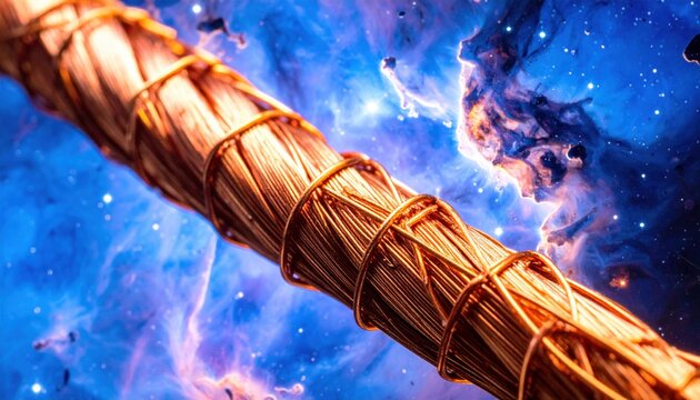 Intricate Copper Wiring Network Against Vibrant Cosmic Nebula Background
