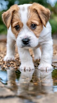 Puppy Looking at Reflection in Rain Puddle, Vertical Video