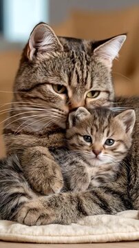 Tabby Mother Cat Cuddling Kitten on Soft Mat, Vertical Video