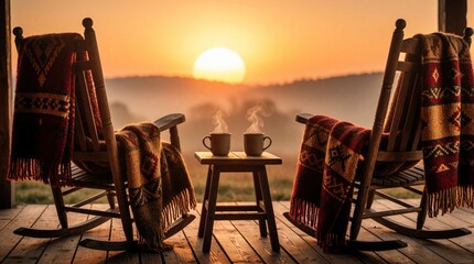 Naklejka premium Two wooden rocking chairs with warm blankets sit on porch facing sunset. Small table holds two steaming mugs of coffee between seats. Peaceful evening view over hills, misty valley creates romantic