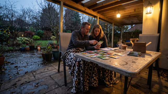 Couple planning garden seeds on a rainy day under a covered patio