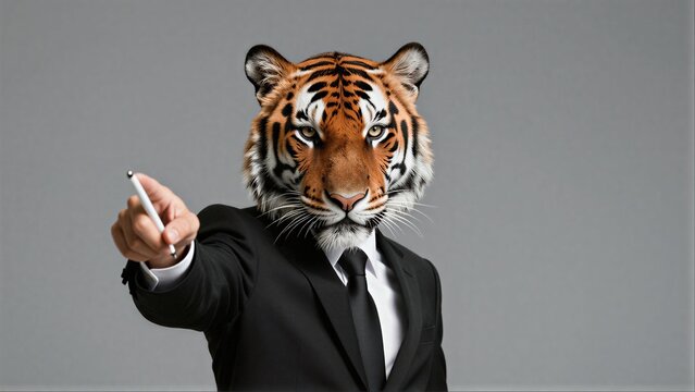 Tiger in suit points accusingly, blending power and authority with wild instinct.