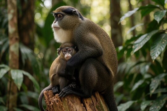 Mother De Brazza monkey sits on tree stump in tropical jungle. Cute baby primate huddles close to adult female in wild forest. Close up portrait of rare African monkey family showing fur texture,