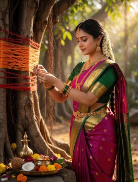 Indian woman in traditional silk saree performs Vat Savitri Vrat ritual near. Hindu bride ties orange thread around sacred trunk for long marriage. Offers flowers, coconut during religious festival