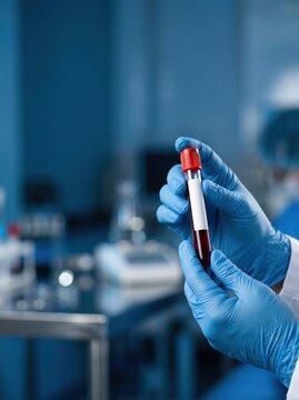 Blood sample in a test tube held by a gloved hand in a laboratory.