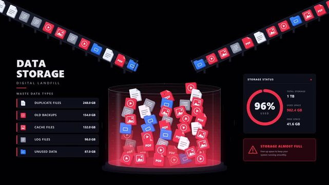 Animated data storage overload with colorful file icons and capacity monitoring dashboard. Digital waste data management in a futuristic storage tank for data cleanup and cloud computing. 4K Alpha