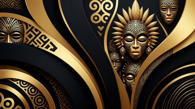 Luxury afrocentric abstract background with gold tribal masks, colorful ornaments. Modern gradient design features ethnic African patterns, wavy flowing lines. Elegant black texture with premium