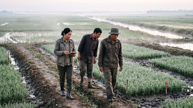 Vietnamese teams survey coastal rice trial plots at dawn