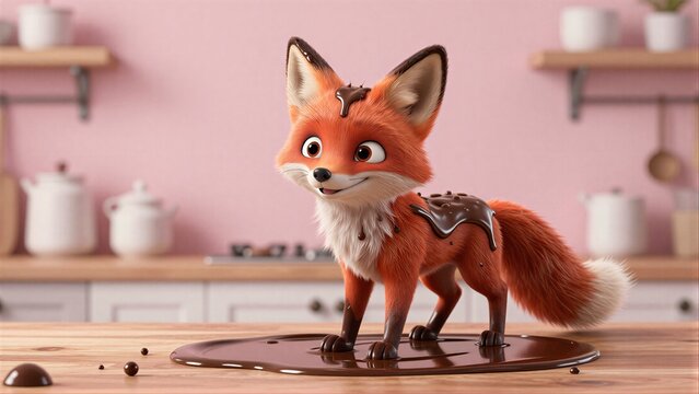 A cute fox covered in chocolate stands on a kitchen counter, smiling mischievously.